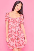 Pink Floral Fit And Flare Dress Puff Sleeve
