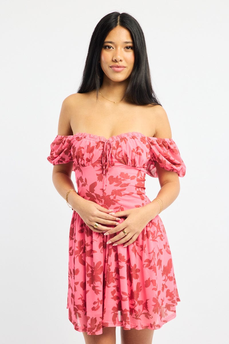 Pink Floral Fit And Flare Dress Puff Sleeve