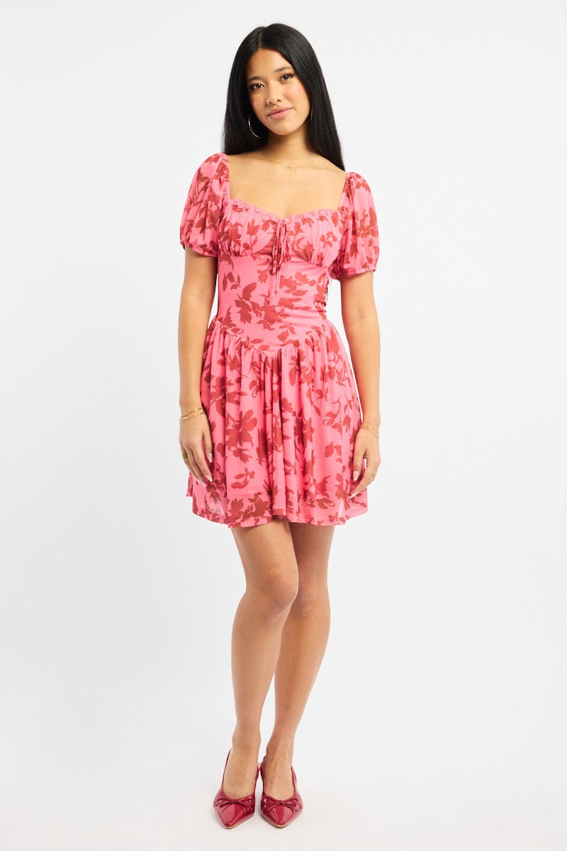 Pink Floral Fit And Flare Dress Puff Sleeve