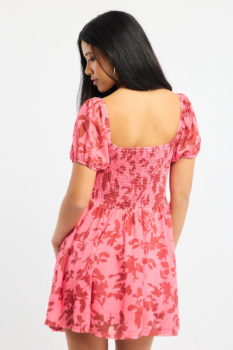 Pink Floral Fit And Flare Dress Puff Sleeve