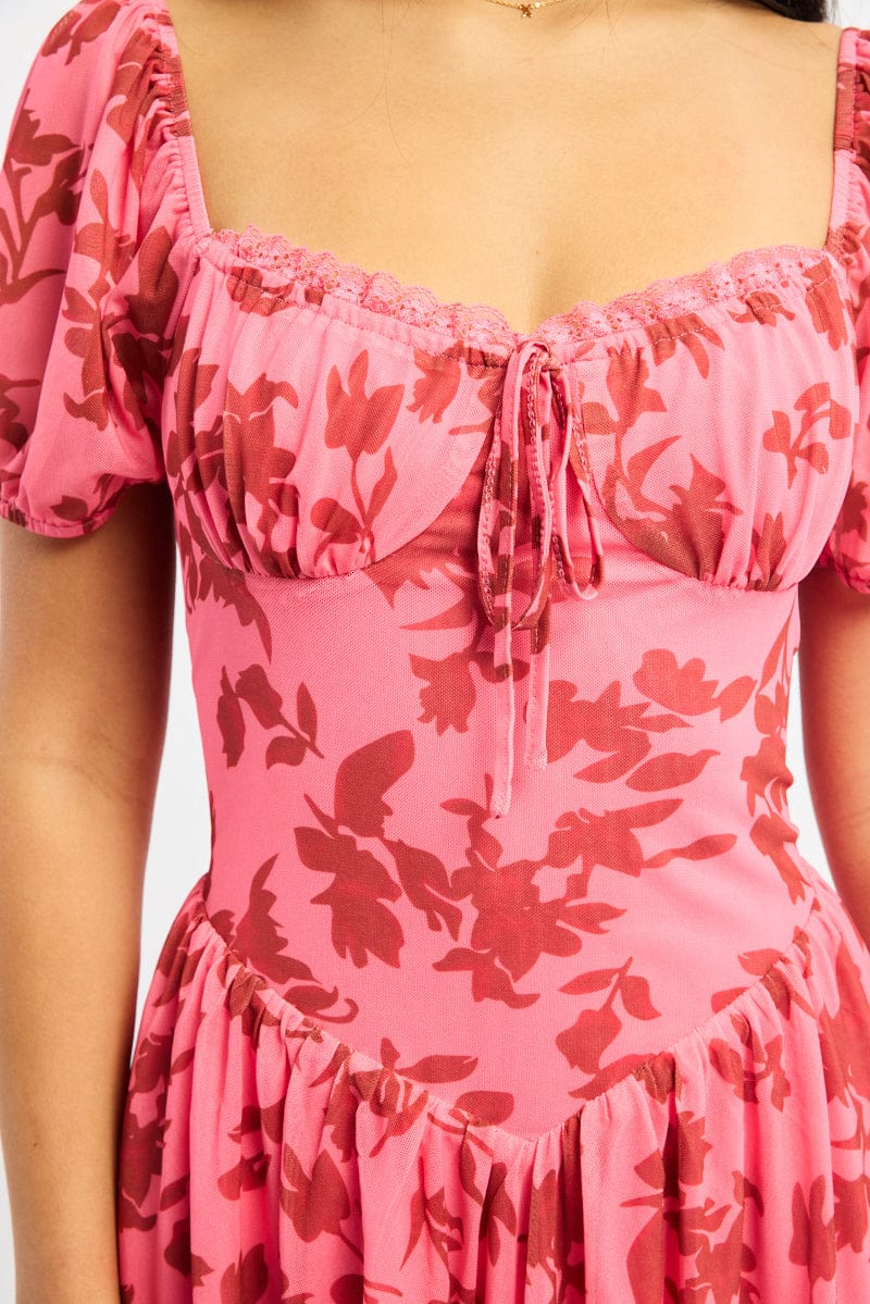 Pink Floral Fit And Flare Dress Puff Sleeve