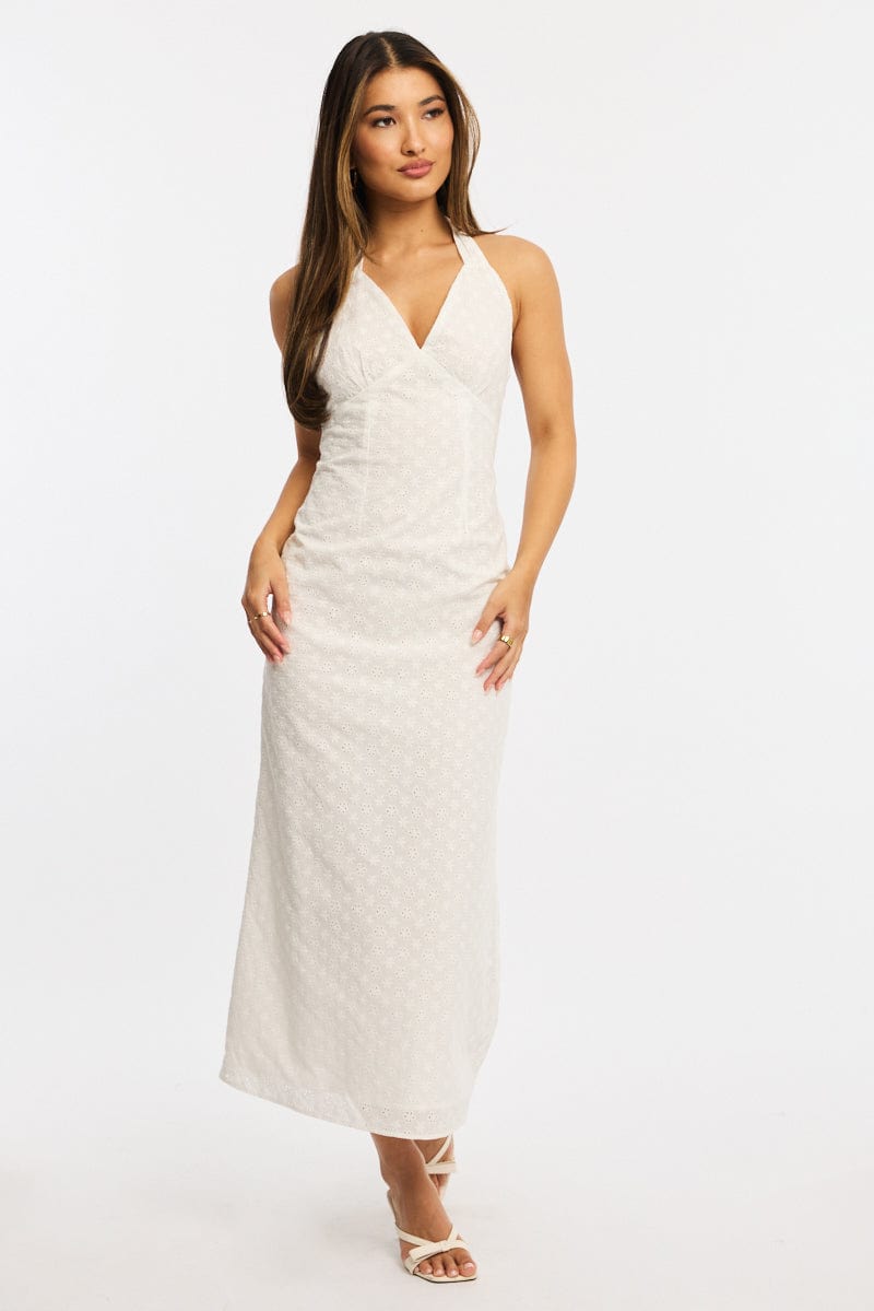 White Halter Neck Dress Eyelet Fabric