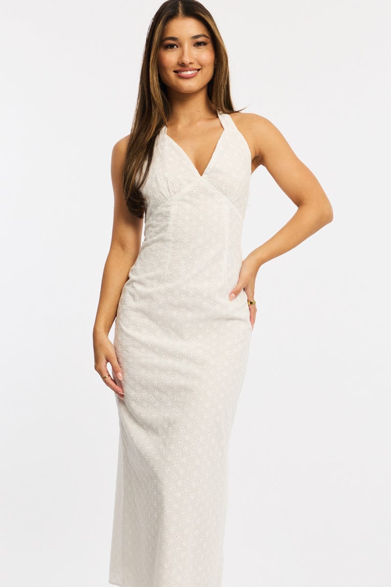 White Halter Neck Dress Eyelet Fabric