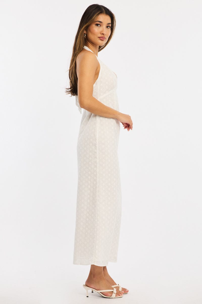 White Halter Neck Dress Eyelet Fabric