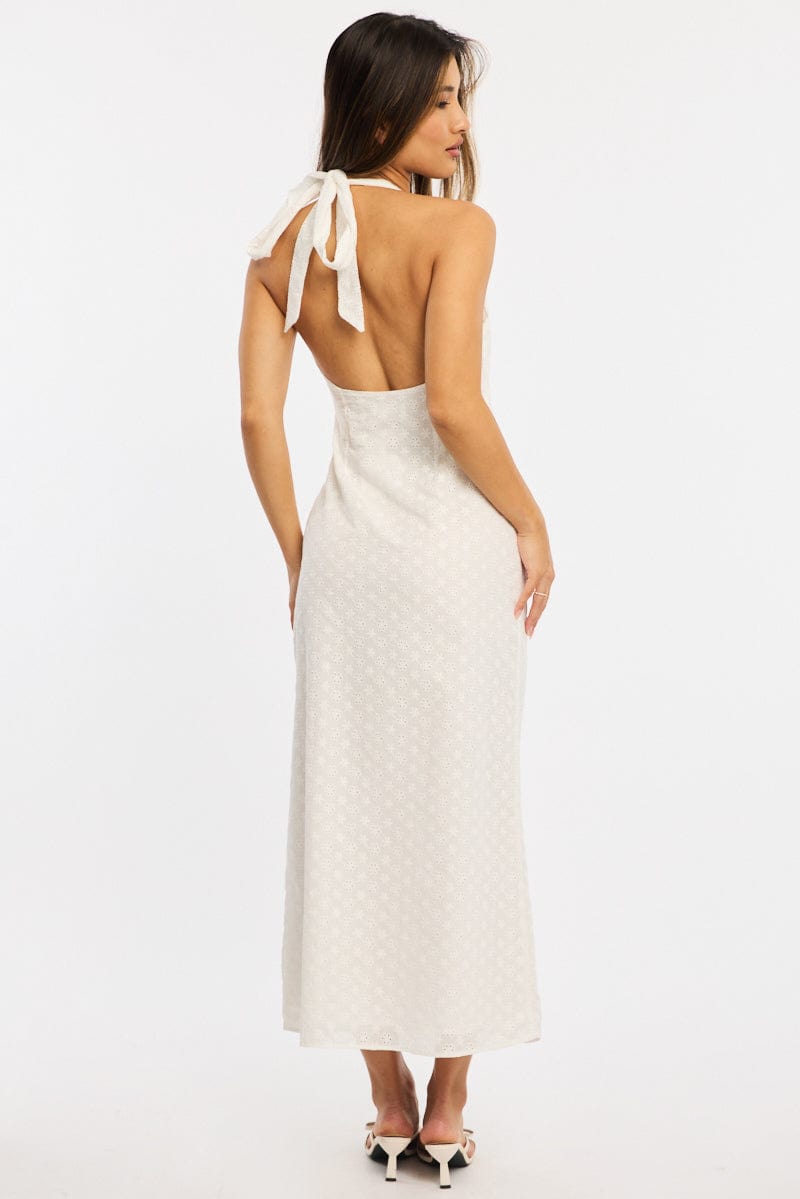 White Halter Neck Dress Eyelet Fabric