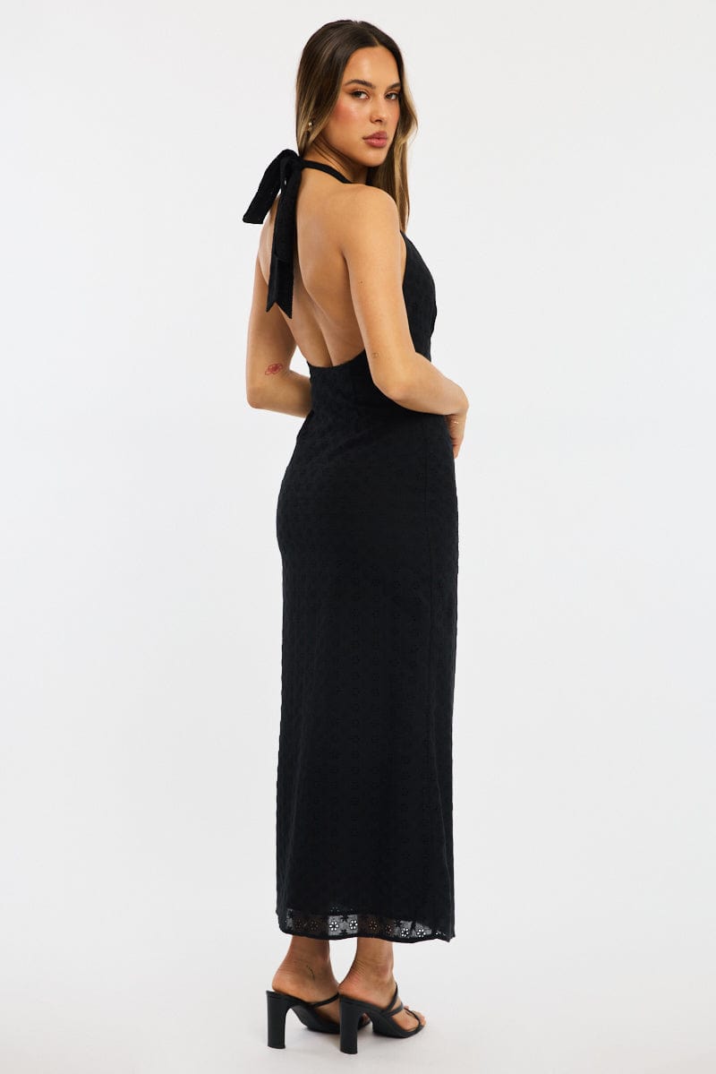 Black Halter Neck Dress Eyelet Fabric