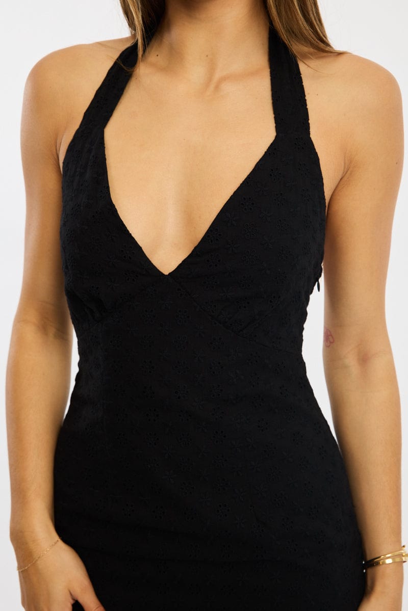 Black Halter Neck Dress Eyelet Fabric