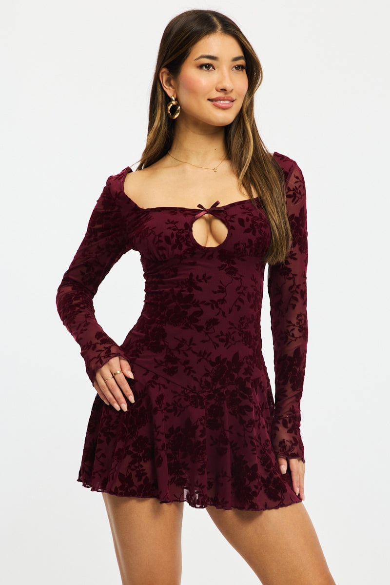 Red Fit And Flare Dress Long Sleeve Burn