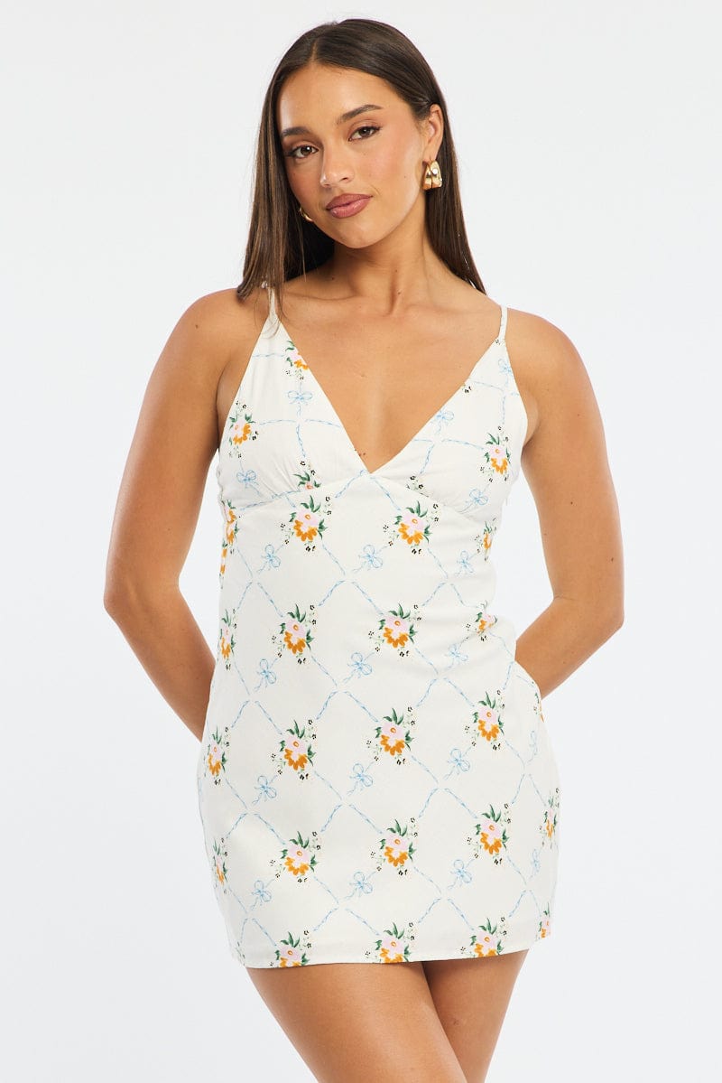 White Floral Mini Dress V-Neck