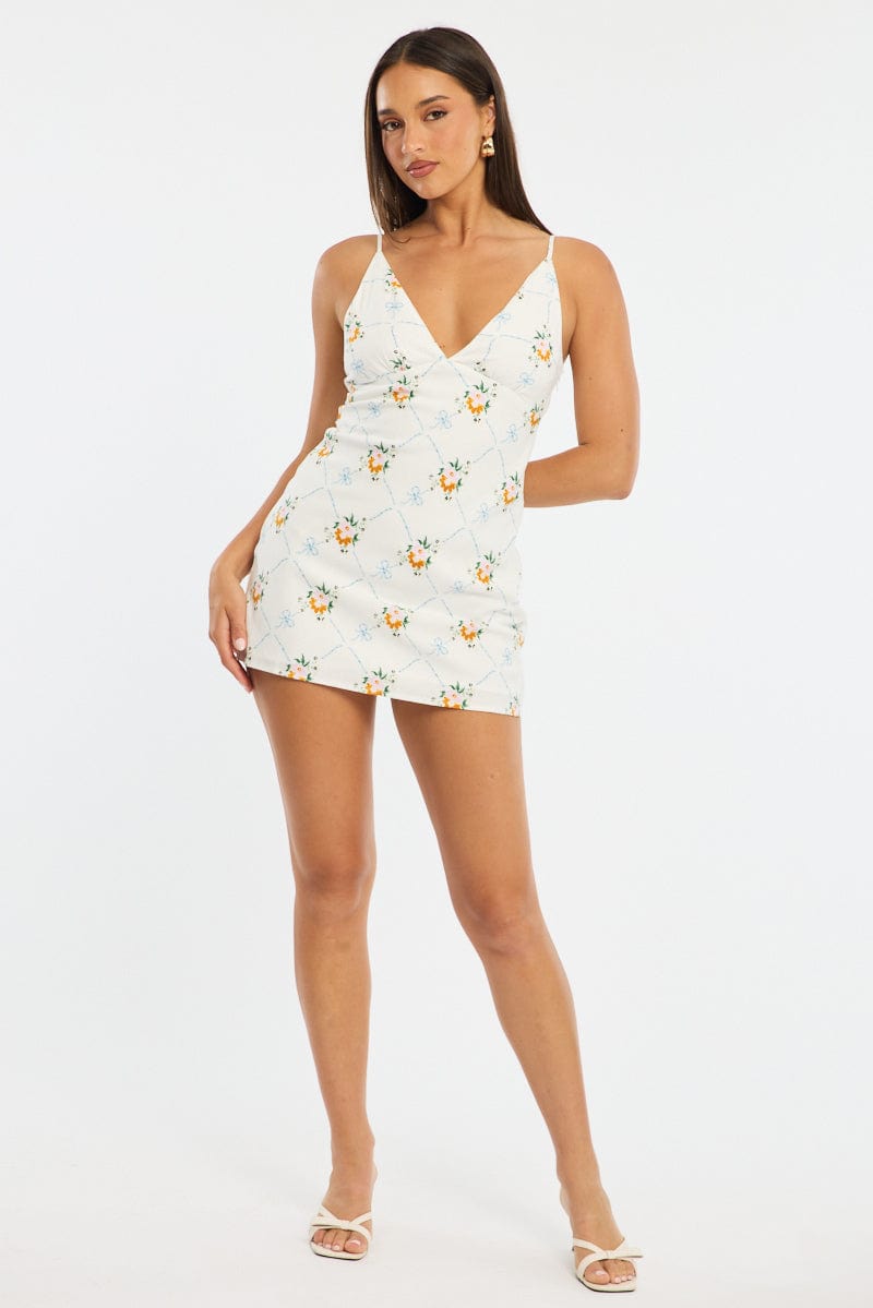 White Floral Mini Dress V-Neck