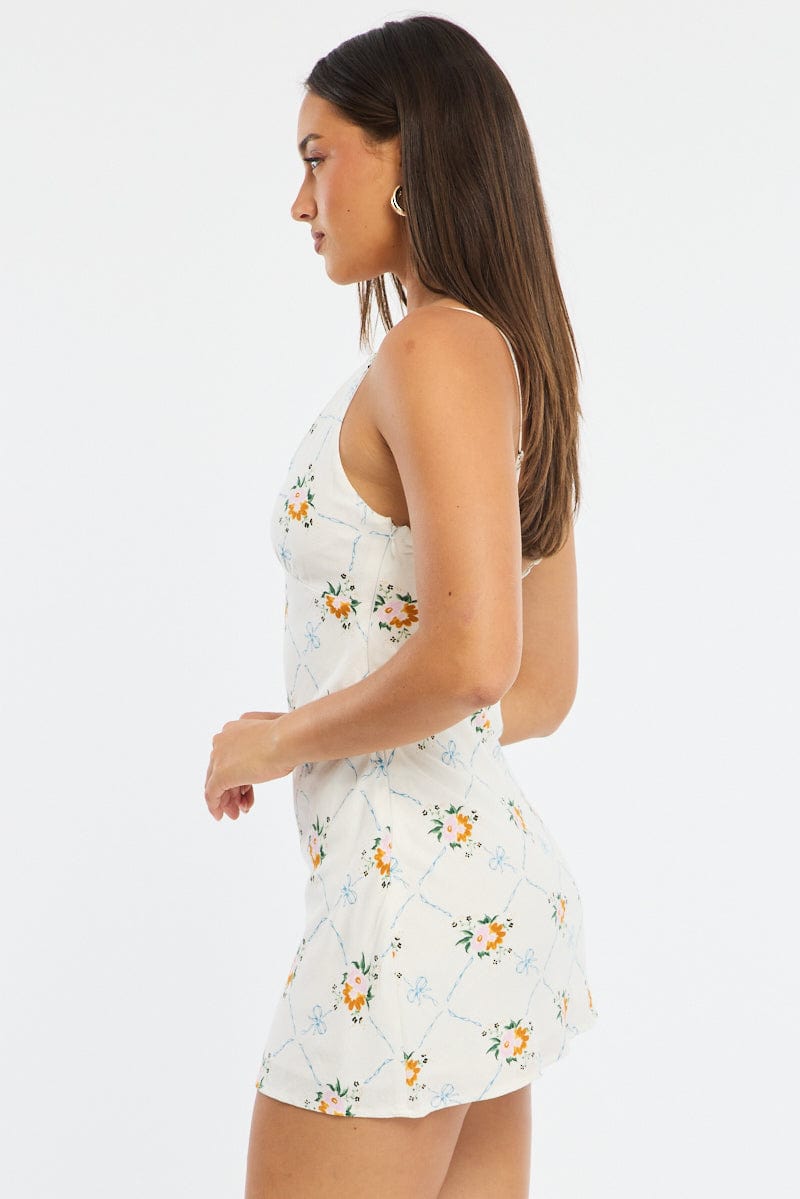 White Floral Mini Dress V-Neck