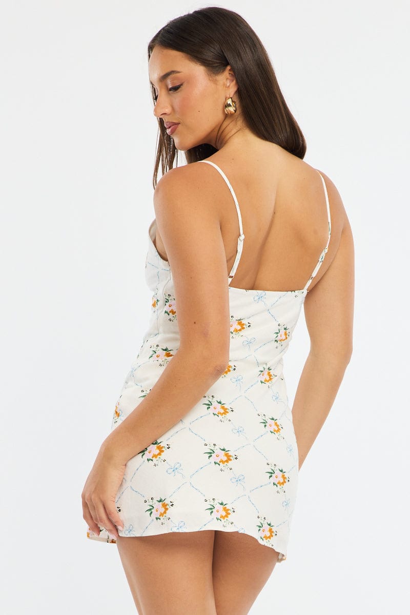 White Floral Mini Dress V-Neck