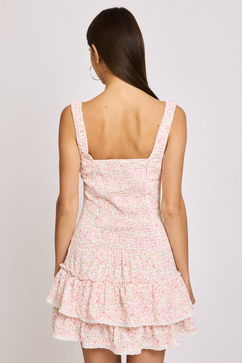 White Ditsy Mini Dress Frilled Hem