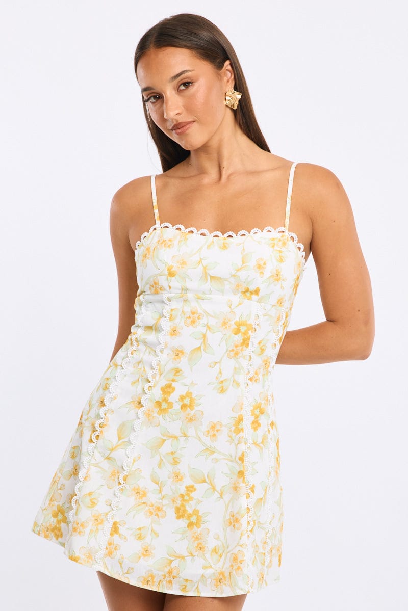 Yellow Floral Mini Dress Strappy