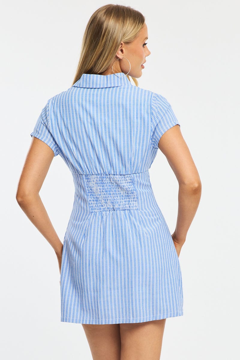 Blue Stripe Mini Dress Collared