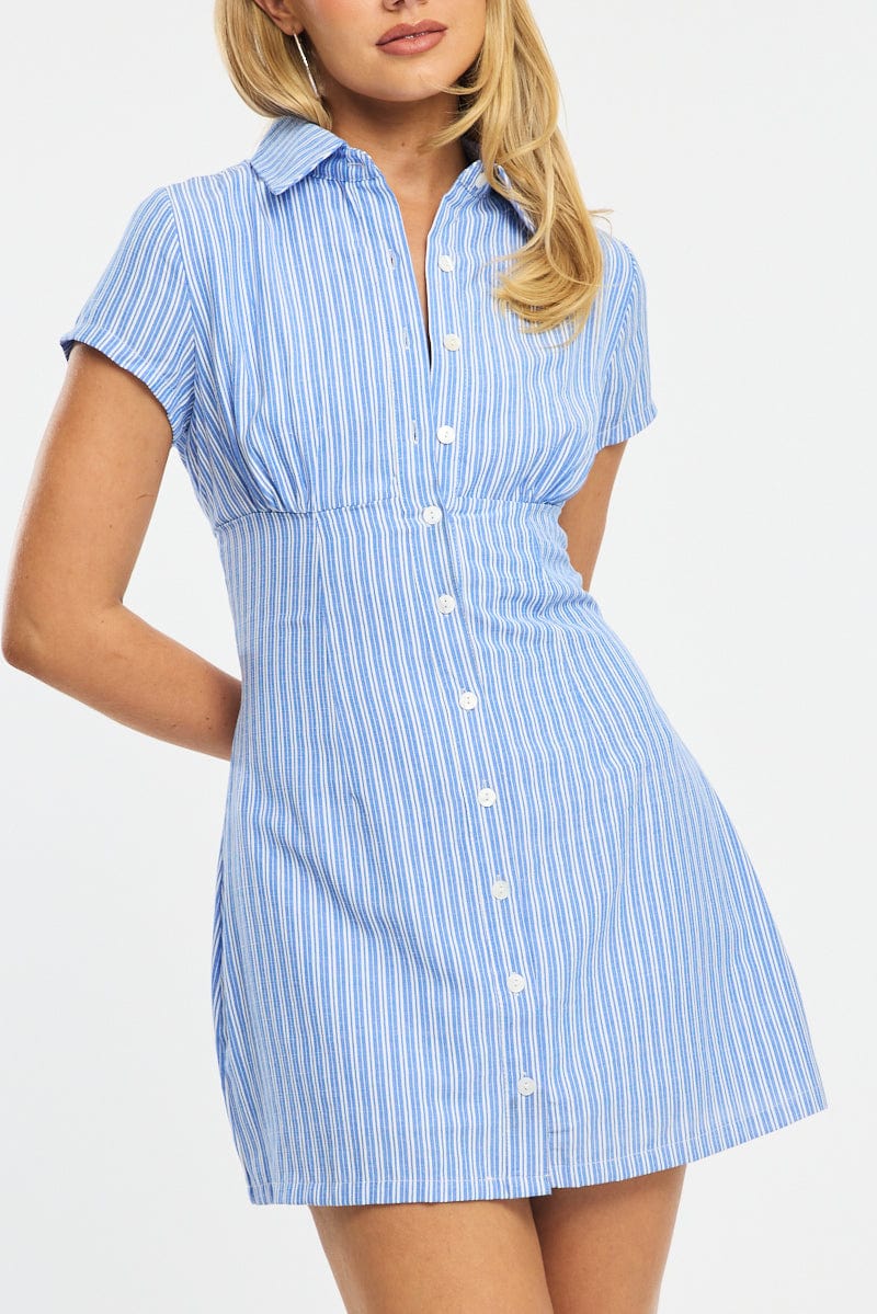 Blue Stripe Mini Dress Collared