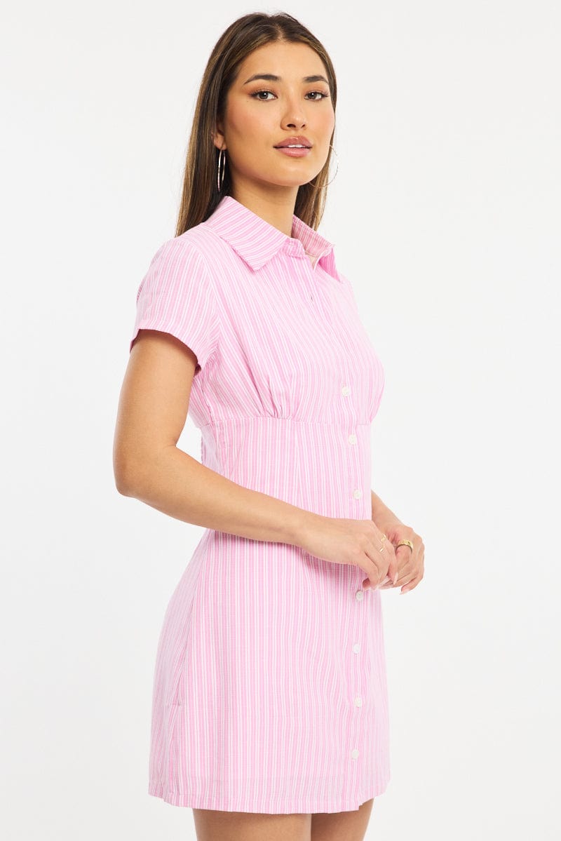Pink Stripe Mini Dress Collared