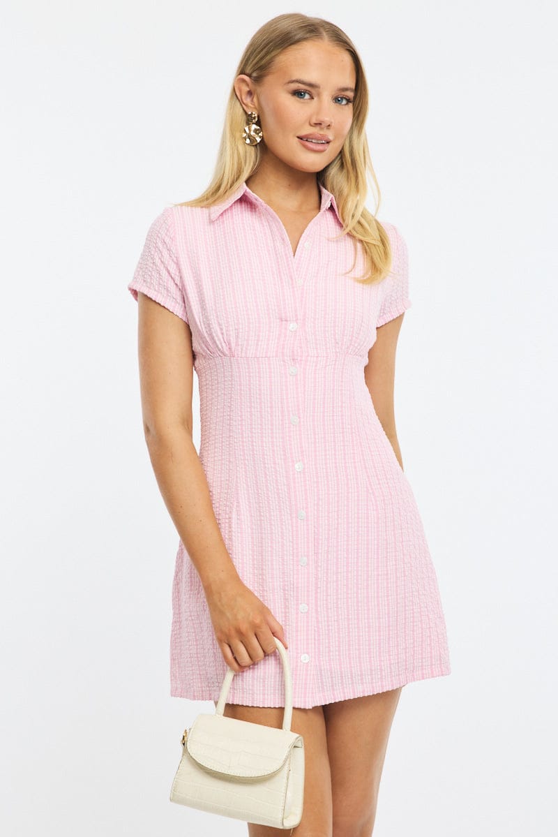 Pink Check Mini Dress Collared