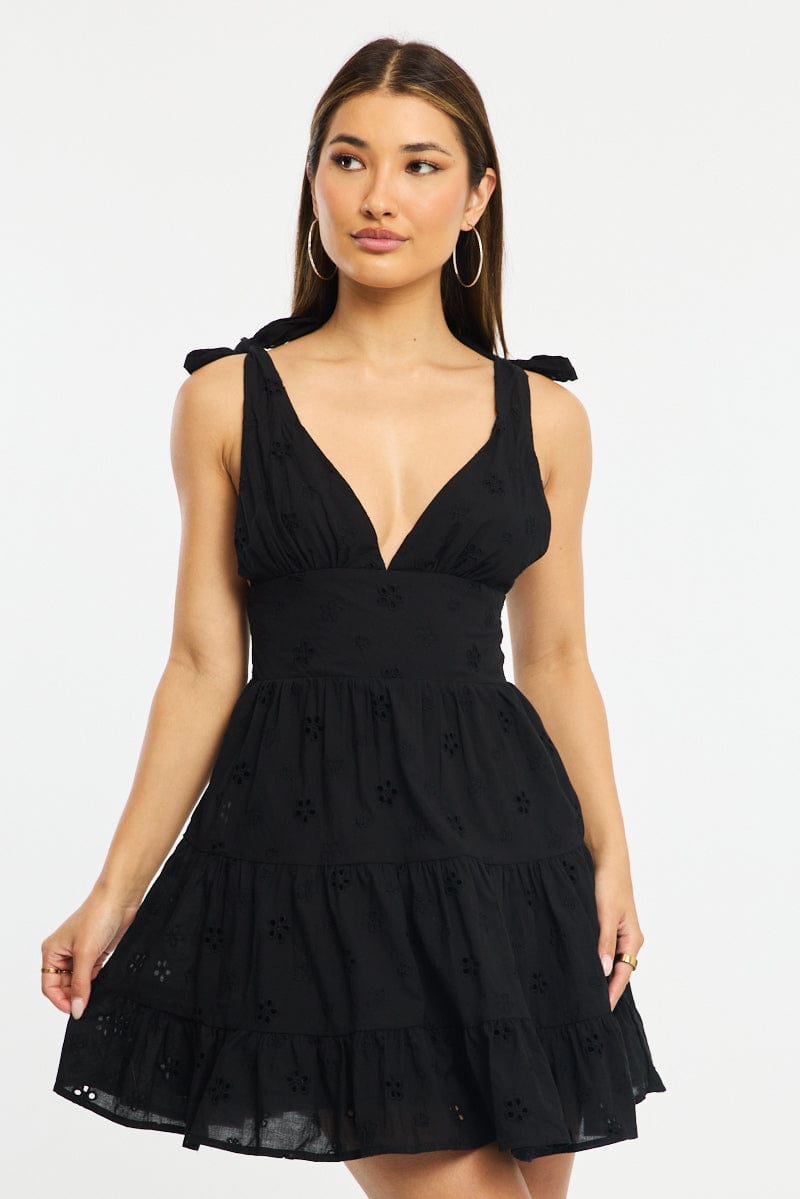 Black Fit And Flare Dress Shoulder Tie Eyelet