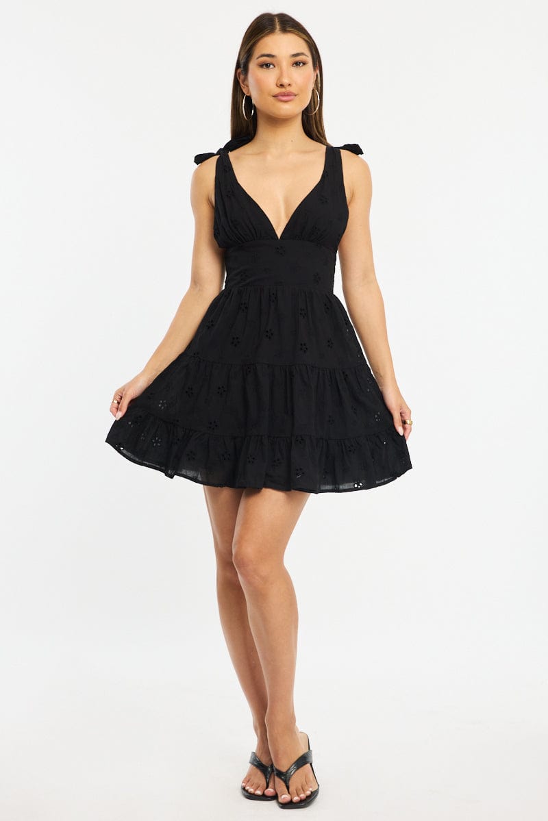Black Fit And Flare Dress Shoulder Tie Eyelet