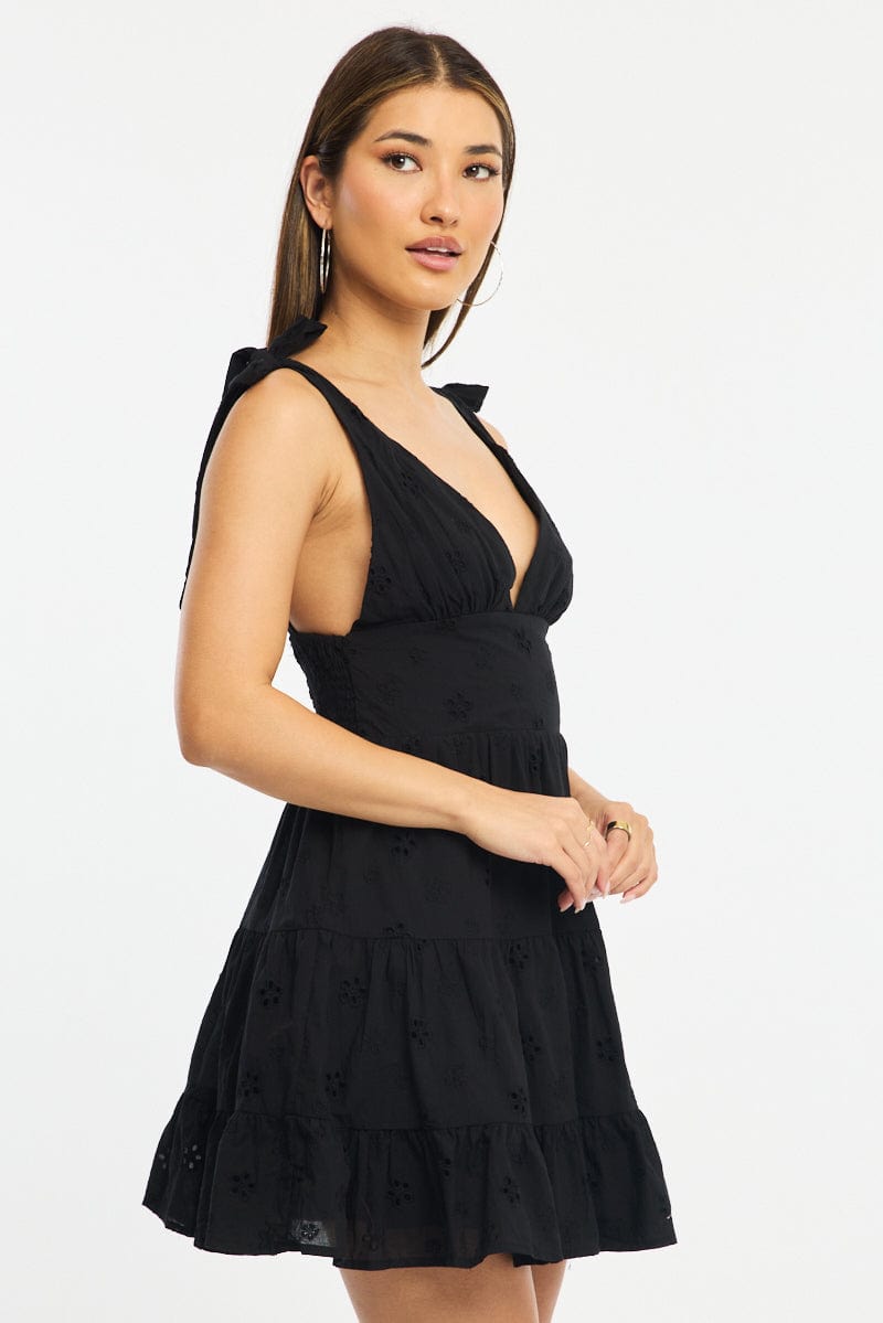 Black Fit And Flare Dress Shoulder Tie Eyelet