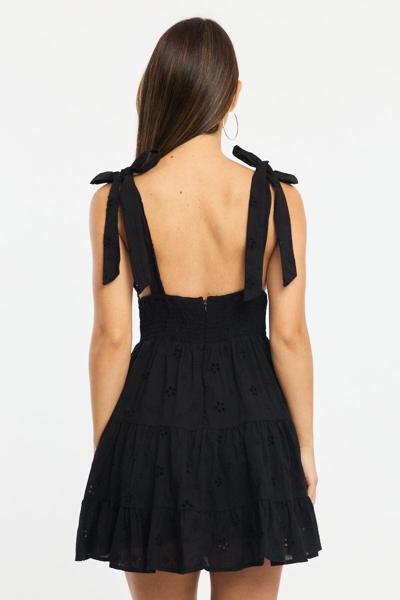 Black Fit And Flare Dress Shoulder Tie Eyelet