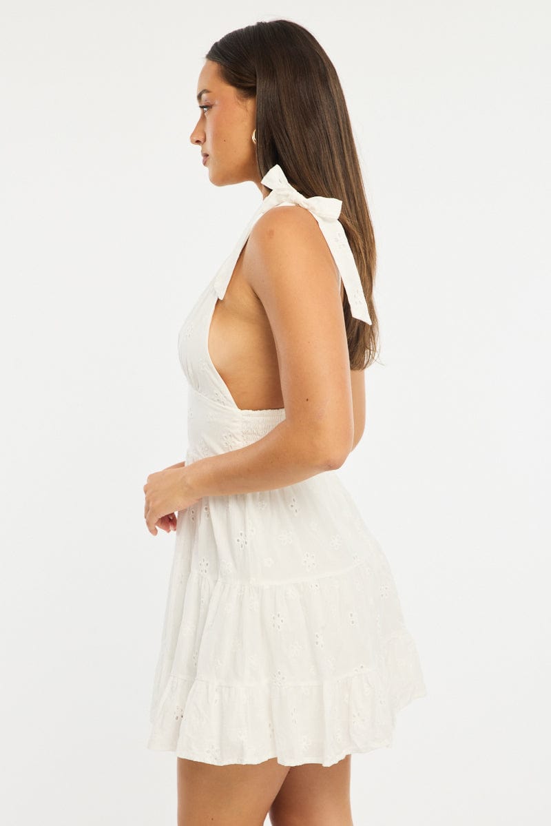 White Fit And Flare Dress Shoulder Tie Eyelet