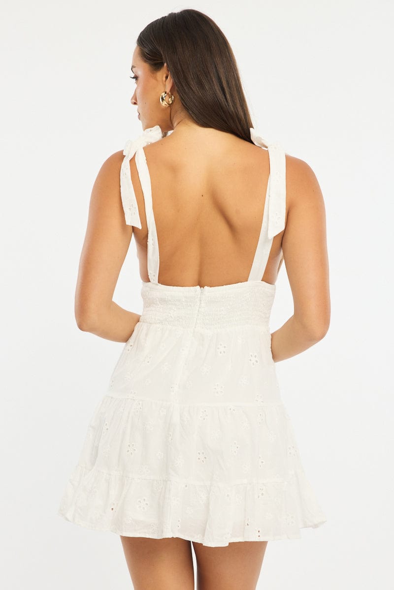 White Fit And Flare Dress Shoulder Tie Eyelet