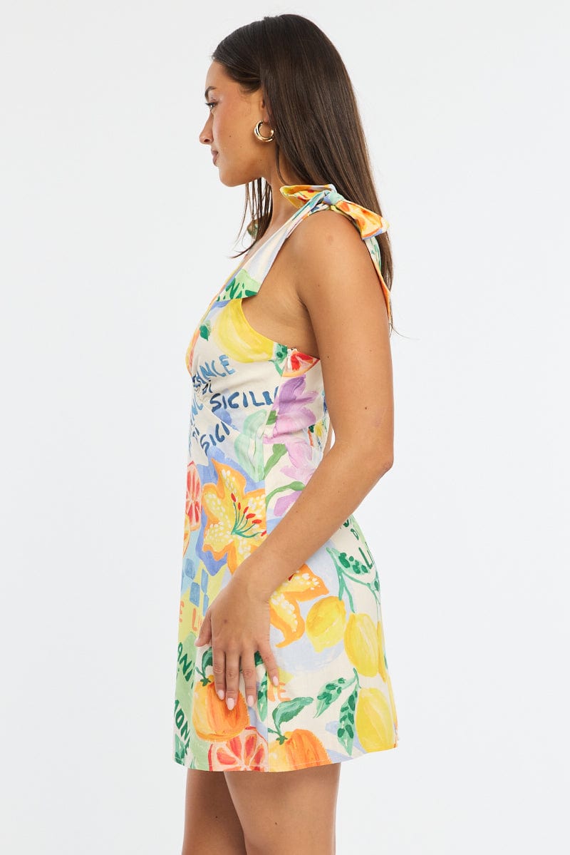 Multi Abstract A Line Mini Dress Sleeveless Linen