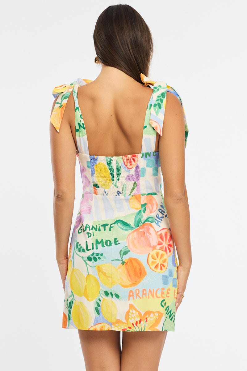 Multi Abstract A Line Mini Dress Sleeveless Linen
