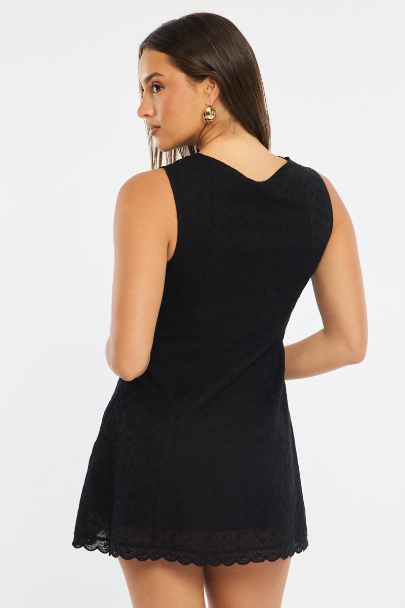Black Mini Dress V-Neck Eyelet Fabric