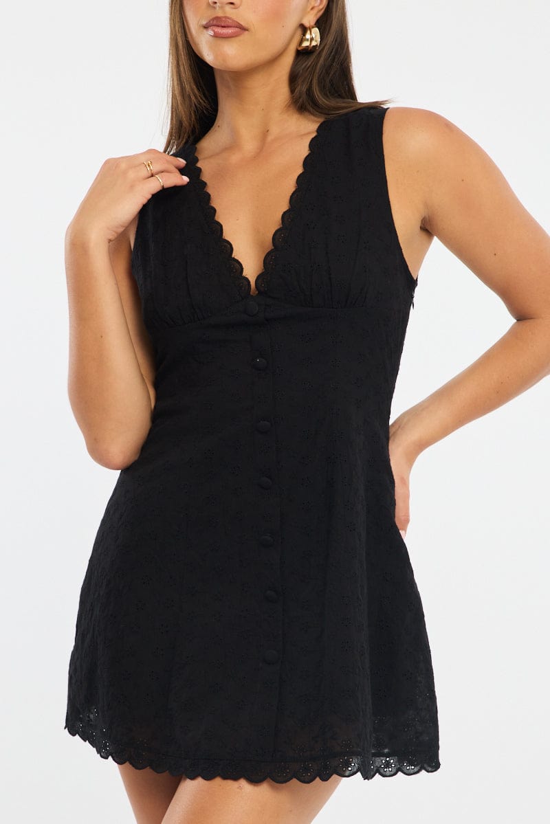 Black Mini Dress V-Neck Eyelet Fabric