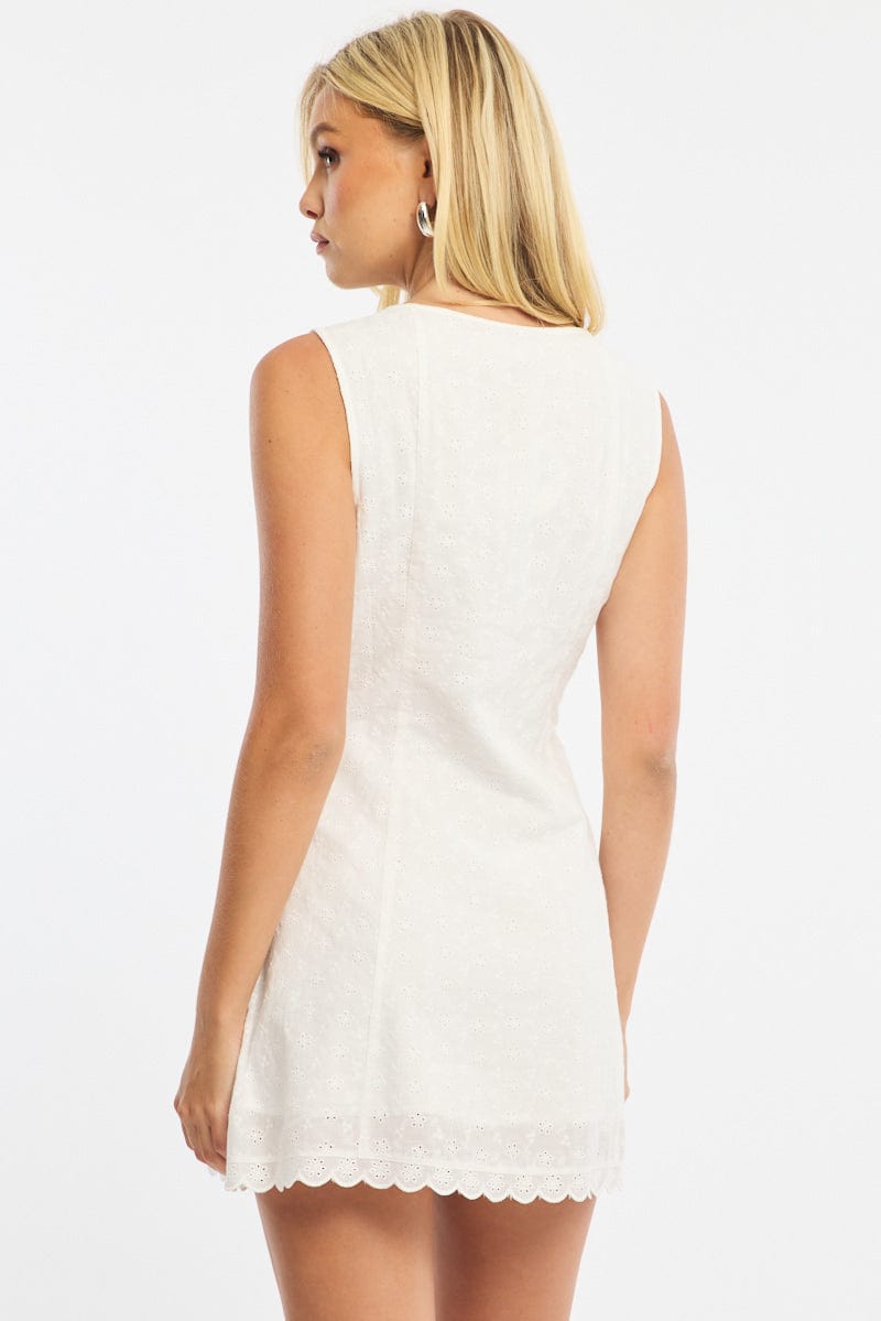White Mini Dress V-Neck Eyelet Fabric