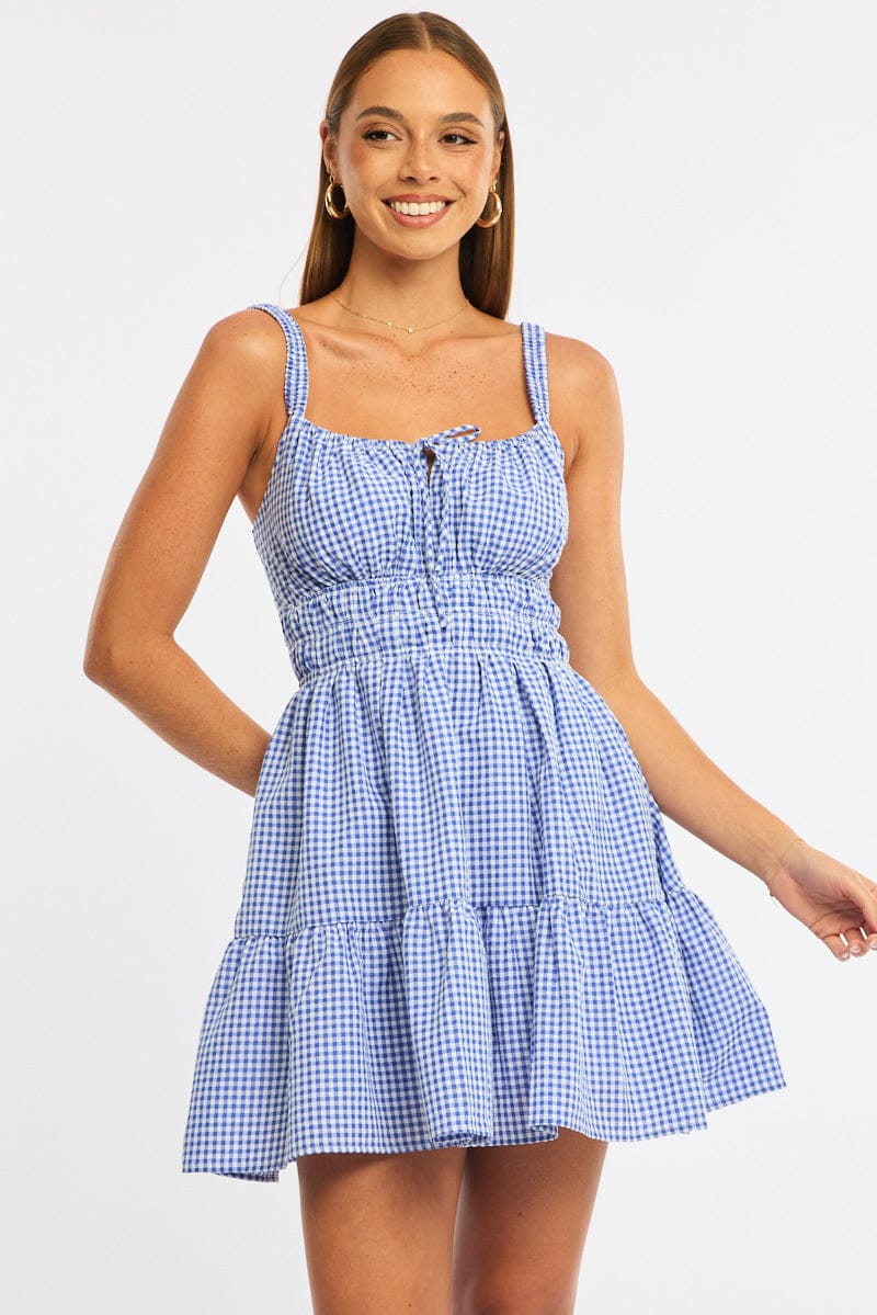 Blue Check Fit And Flare Dress Mini