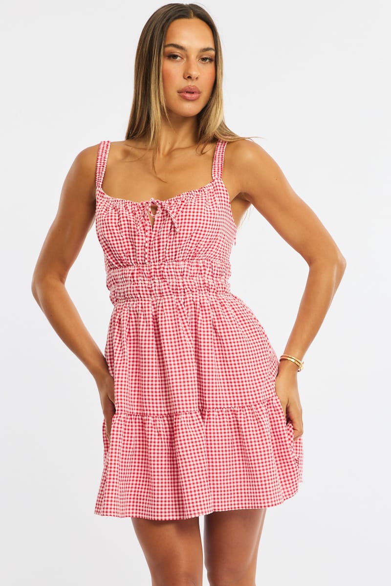Red Check Fit And Flare Dress Mini