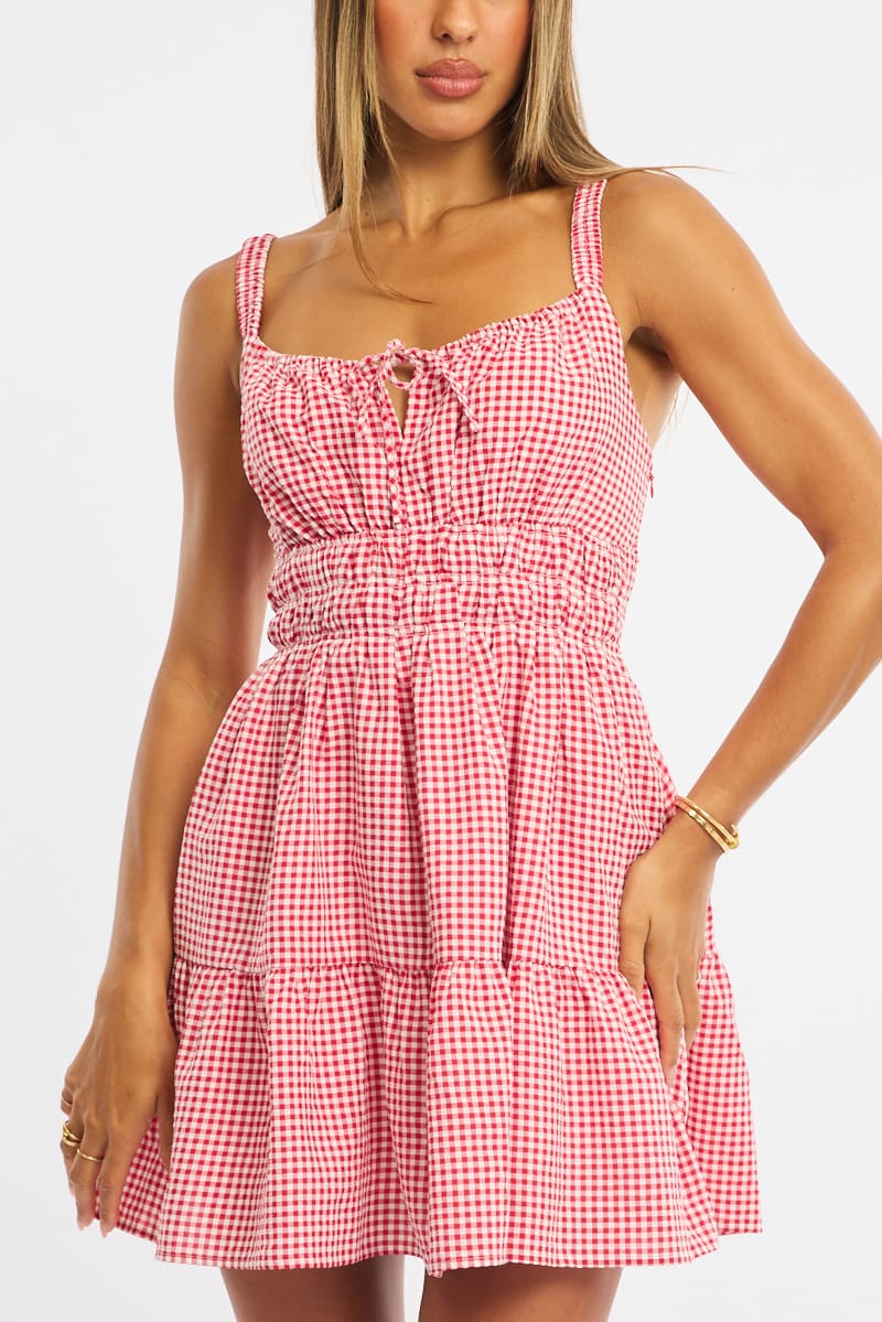 Red Check Fit And Flare Dress Mini