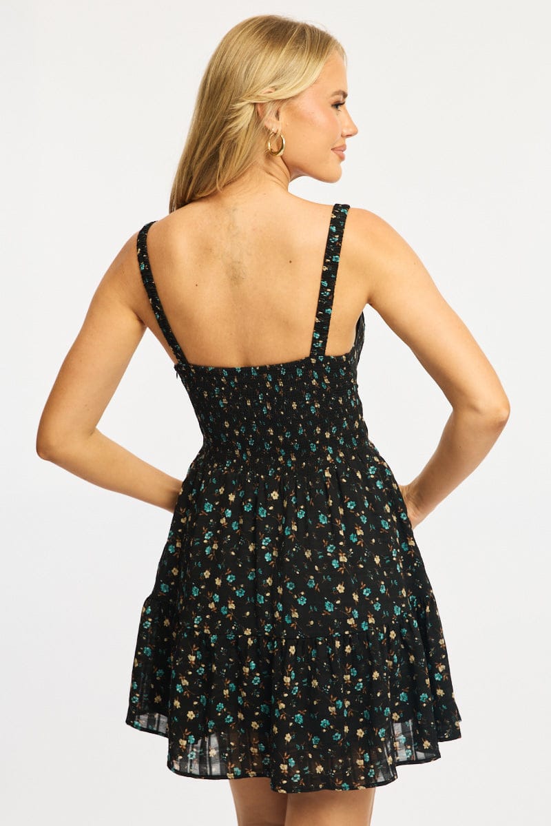 Black Ditsy Fit And Flare Dress Mini
