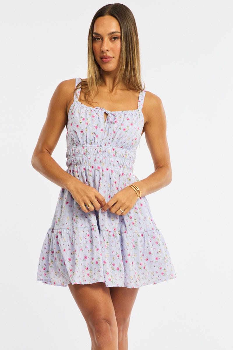Purple Ditsy Fit And Flare Dress Mini