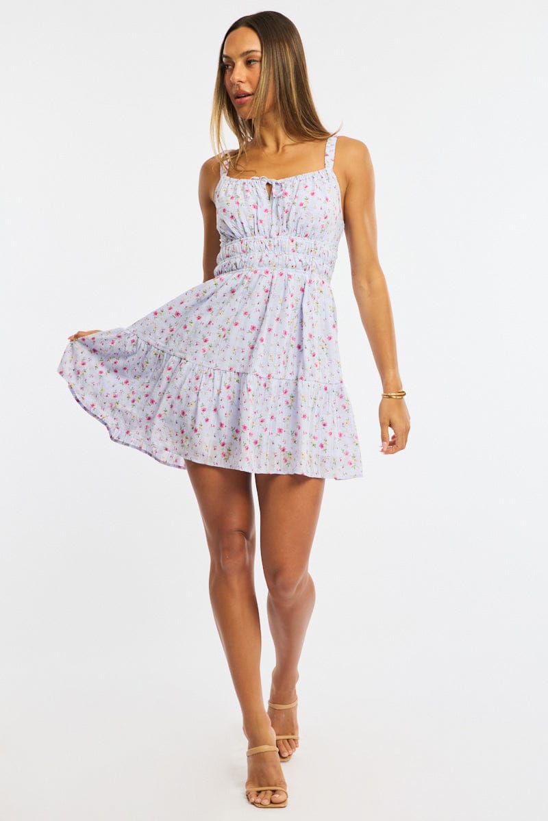 Purple Ditsy Fit And Flare Dress Mini