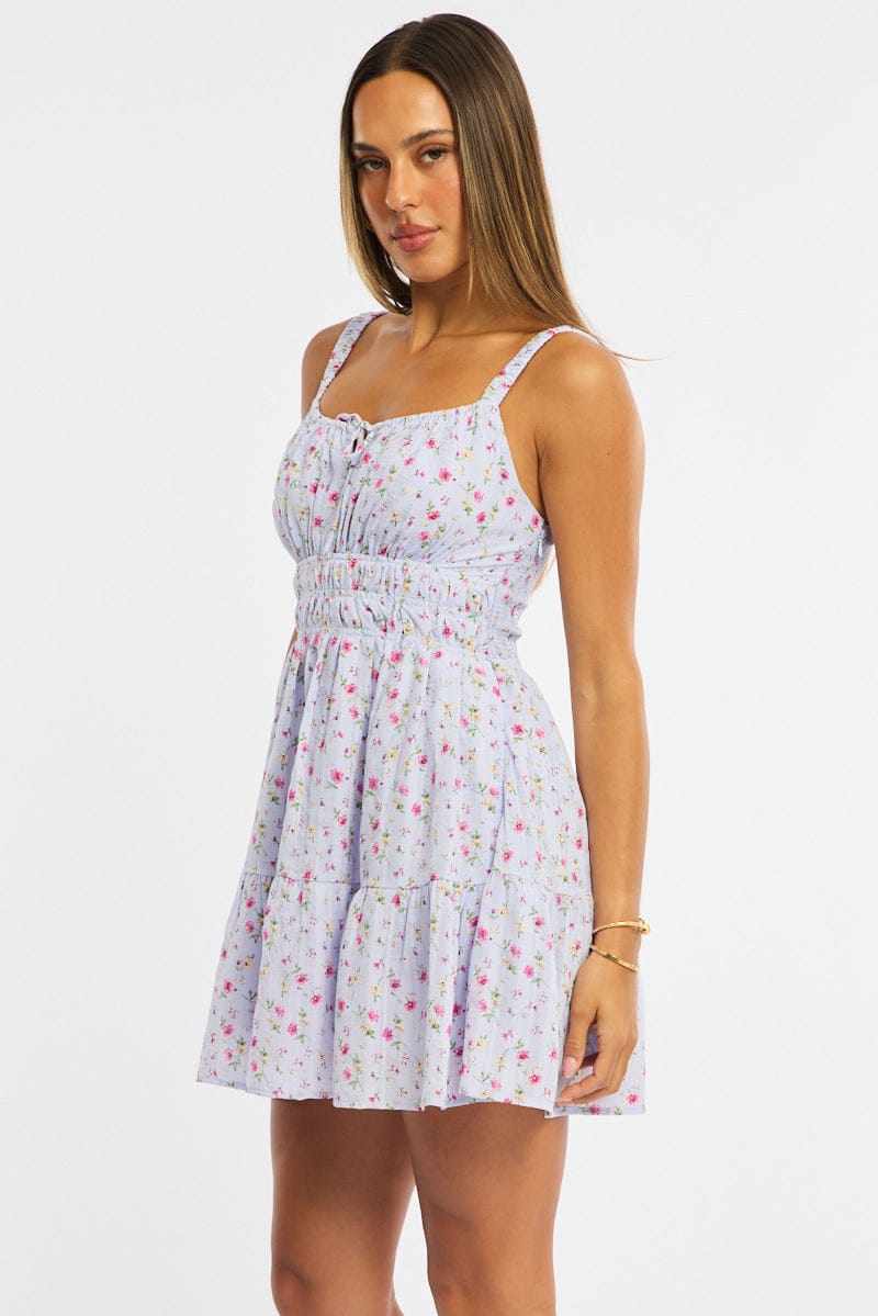 Purple Ditsy Fit And Flare Dress Mini