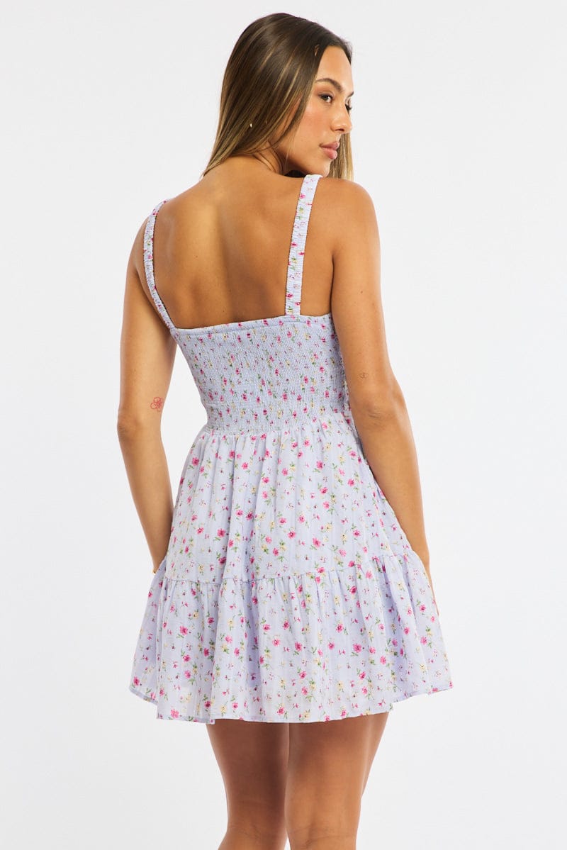 Purple Ditsy Fit And Flare Dress Mini