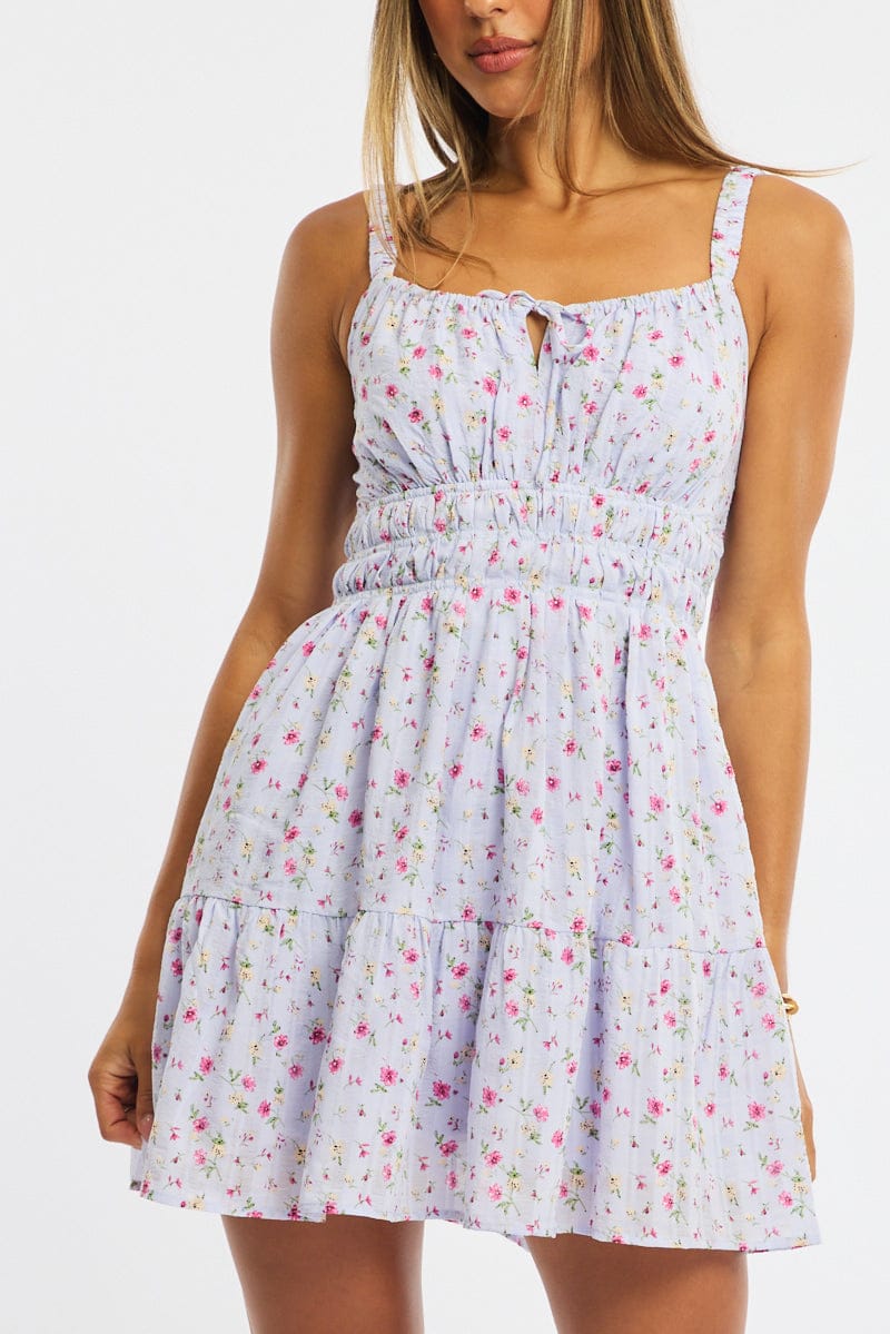 Purple Ditsy Fit And Flare Dress Mini