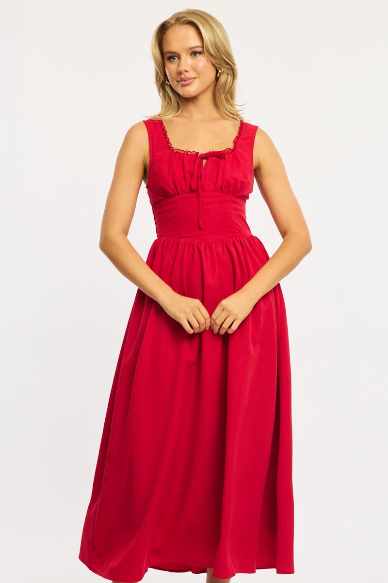 Red Midi Dress Gathering Bust