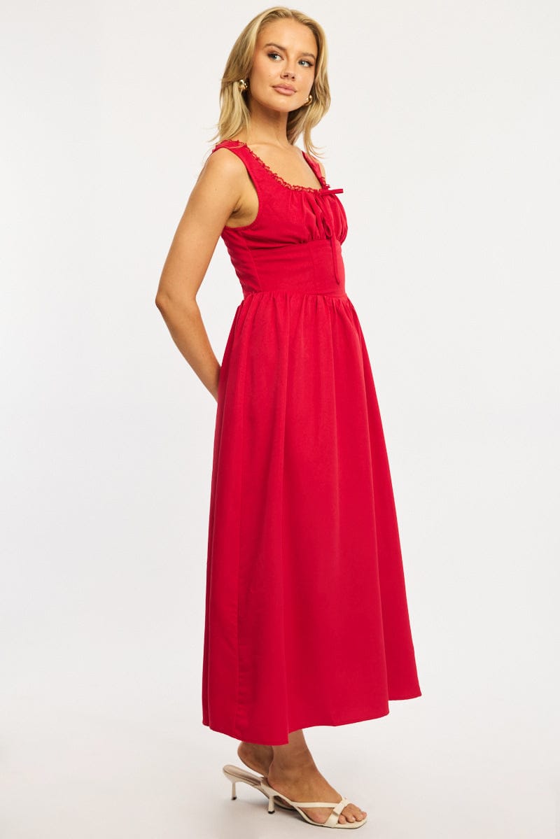 Red Midi Dress Gathering Bust