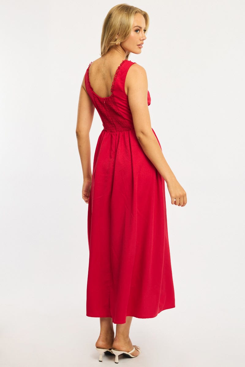 Red Midi Dress Gathering Bust