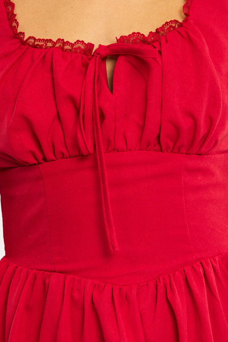 Red Midi Dress Gathering Bust