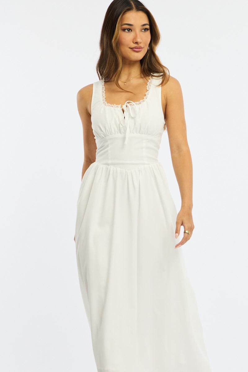 White Midi Dress Gathering Bust