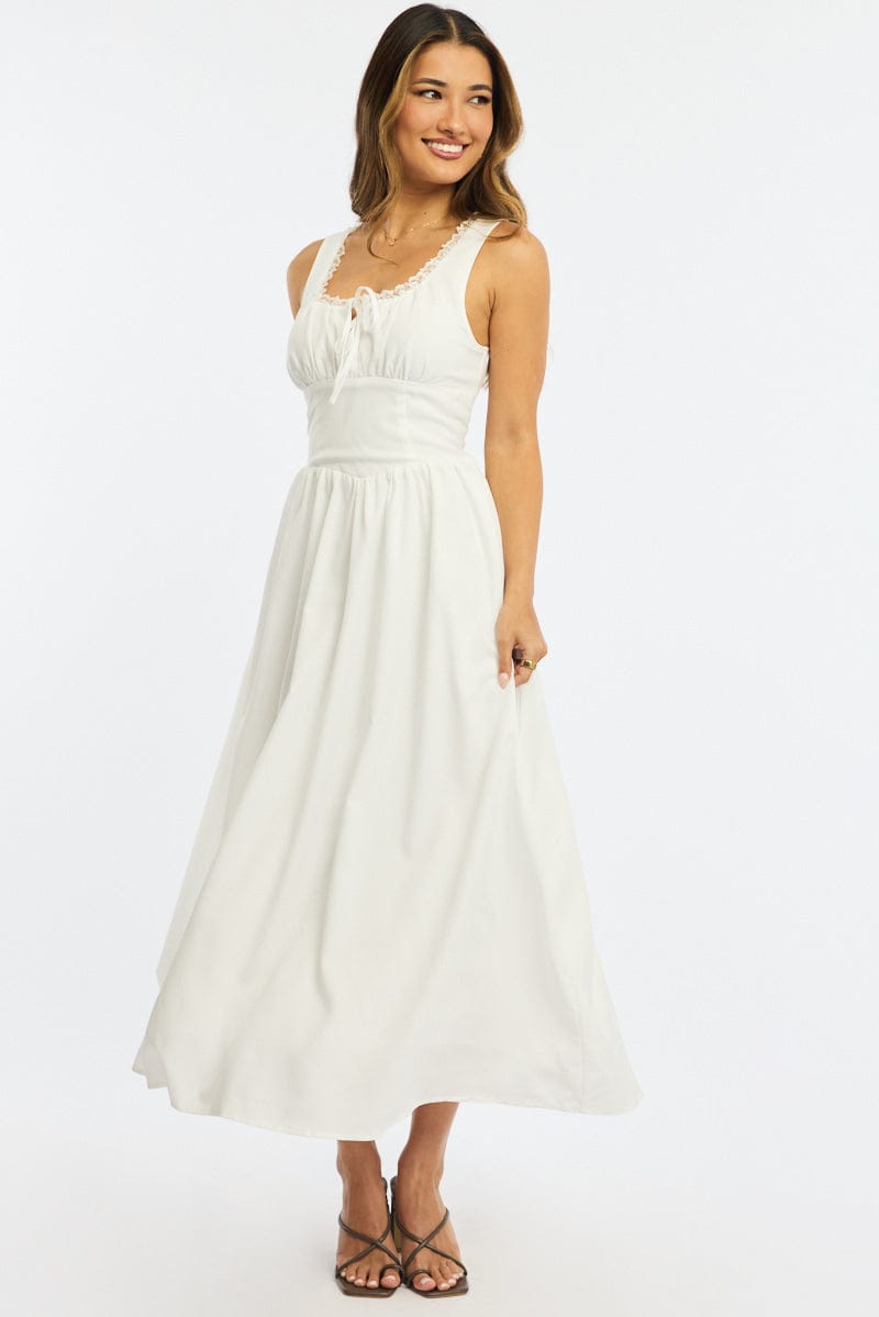 White Midi Dress Gathering Bust