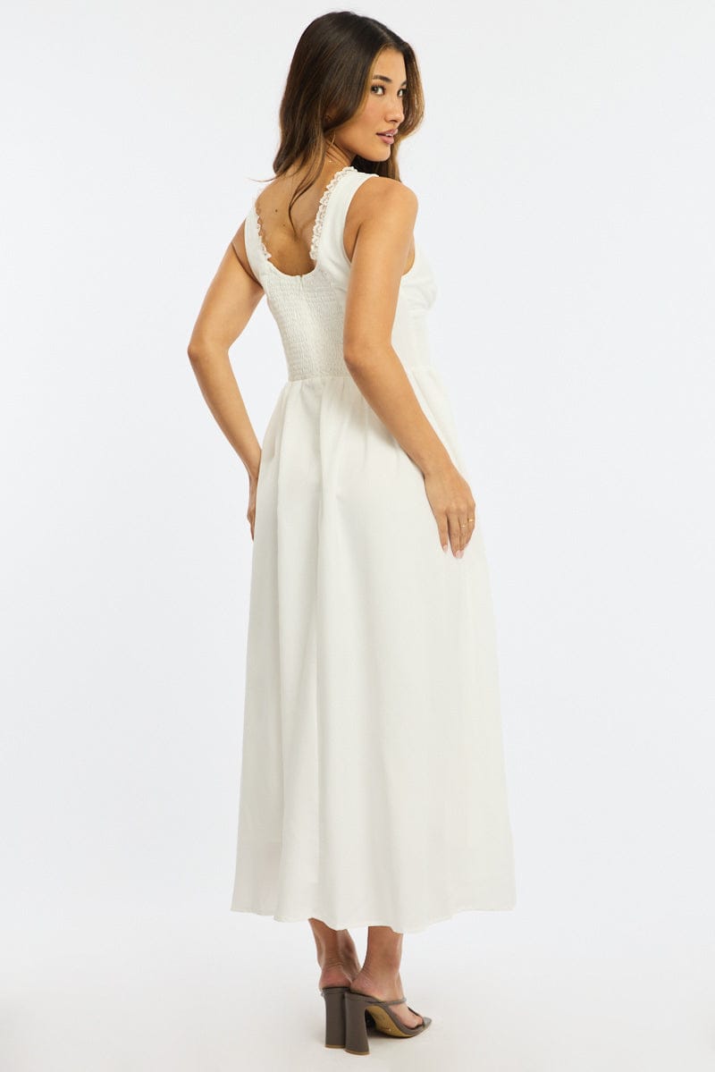 White Midi Dress Gathering Bust