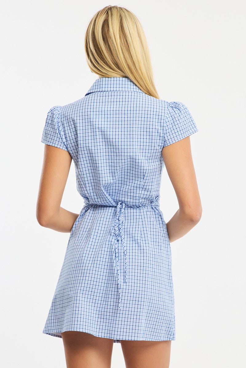 Blue Check Mini Dress Collared